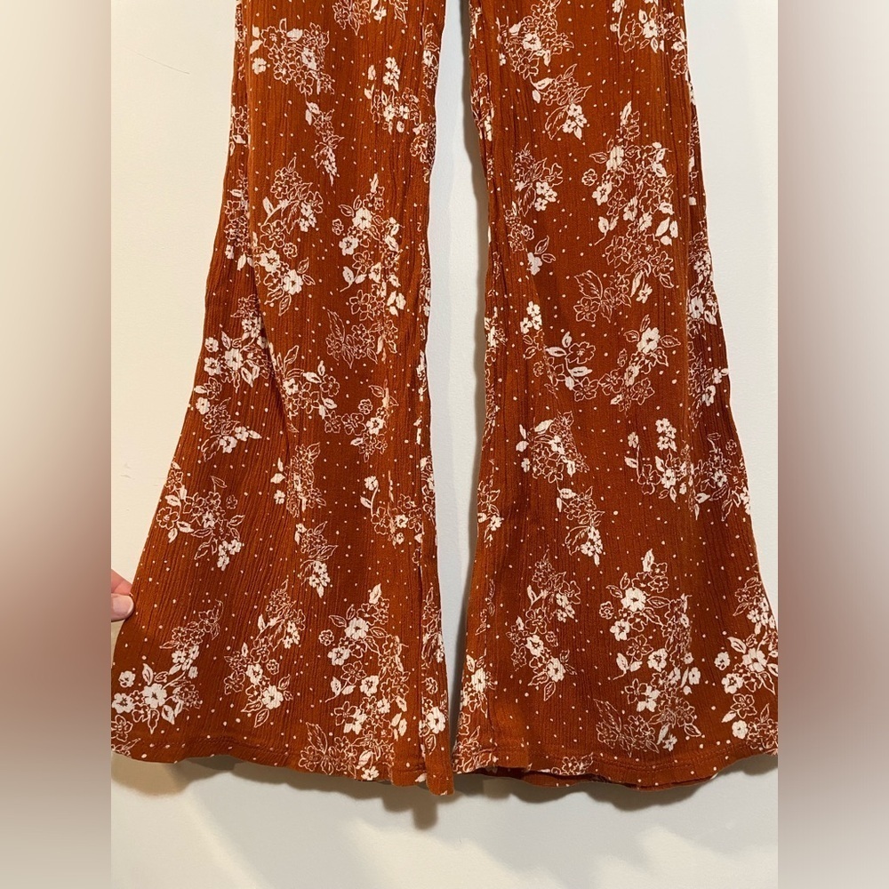 Three Dots Burnt Orange Boho Floral Pull On Wide Leg Pants Stretch 70’s Medium - Picture 5 of 12
